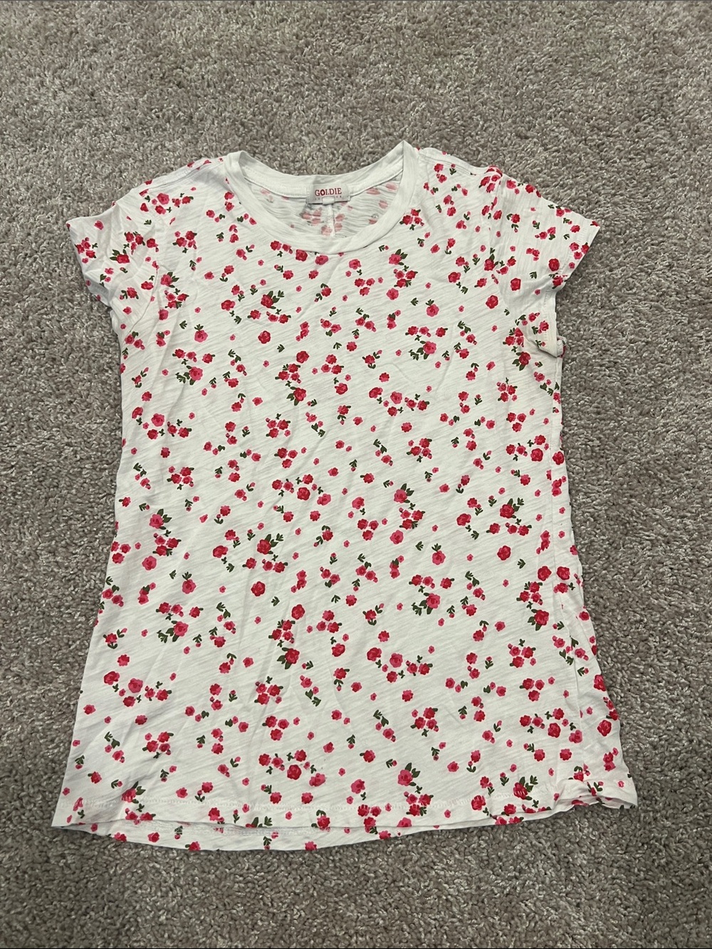 Goldie White Tee with Pink Floral Scatter